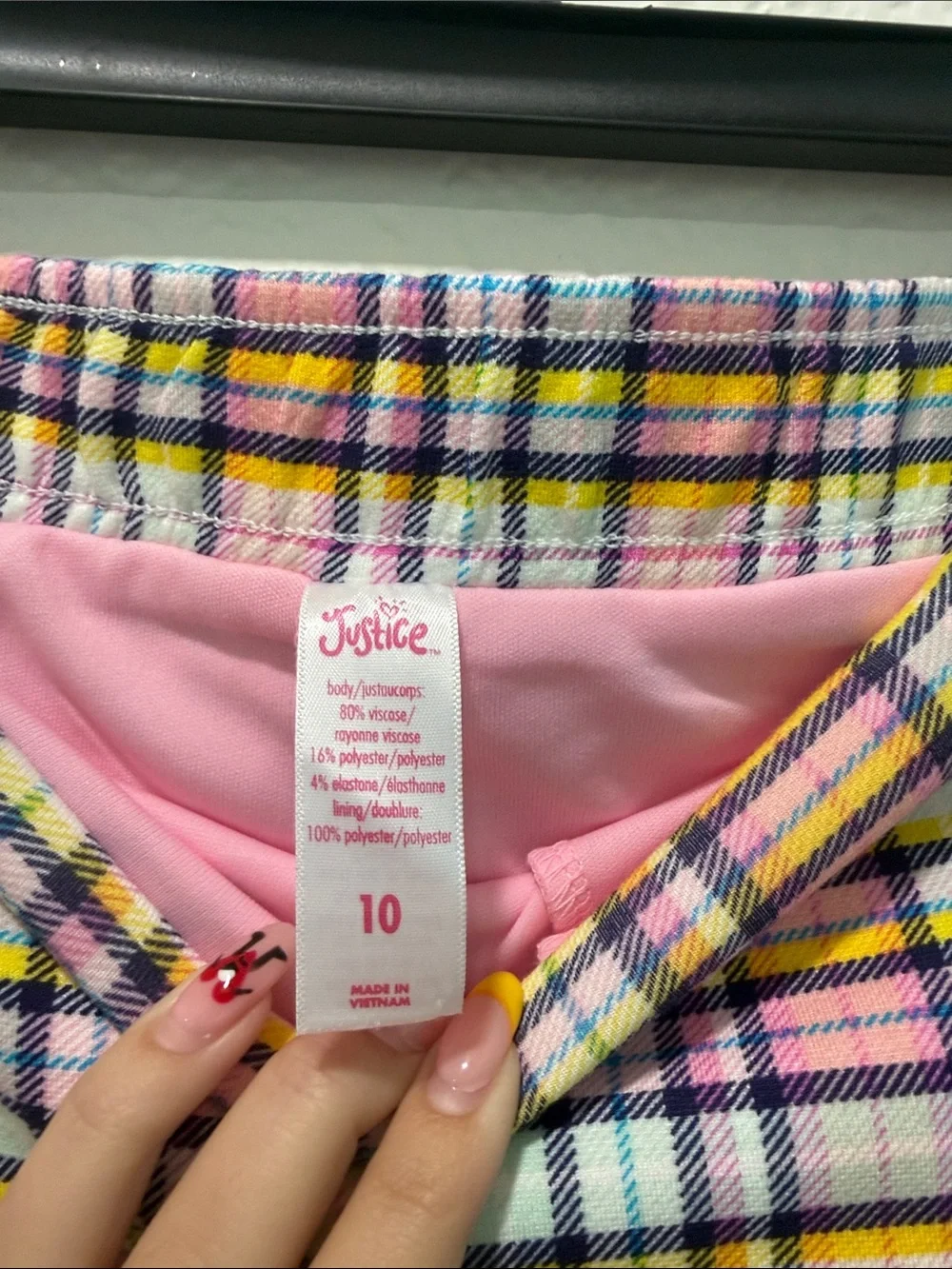 Justice Pink and Yellow Plaid Mini Skirt with Side Buckle